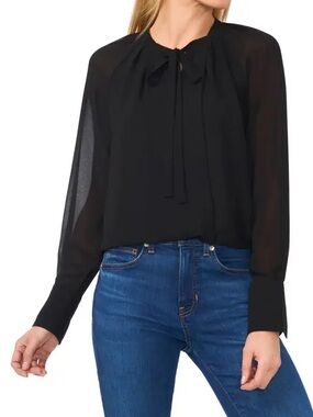 CeCe Black Sheer Tie-Neck Long-Sleeve Blouse